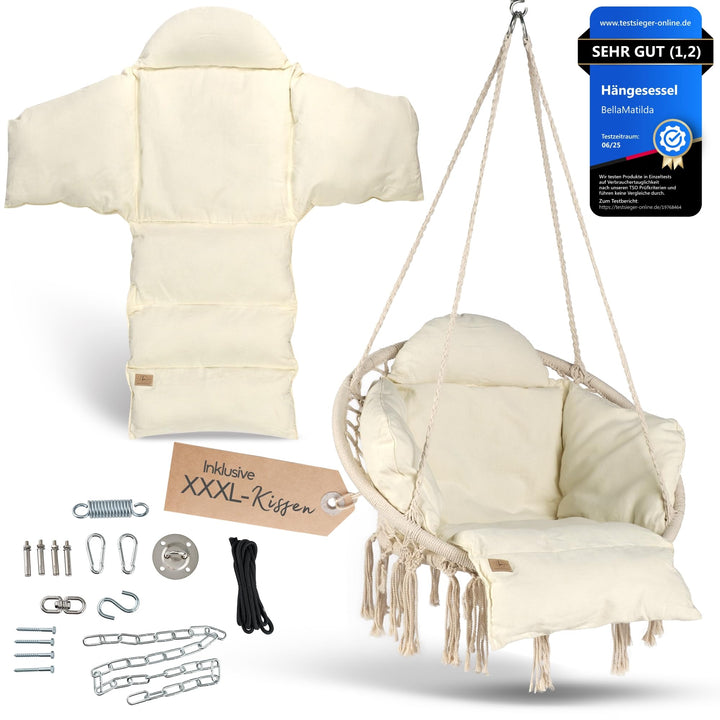 BELLAMATILDA® Hängesessel mit XXXL Kissen 100% Baumwolle | Weicher Hängestuhl Outdoor &amp; Indoor | Hän