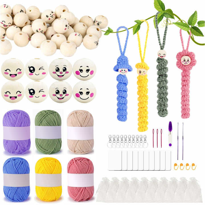 mellystore Sorgenwürmchen Häkelset,Glückswürmchen Häkel Set mit 6x25g Häkelgarn und Häkelnadel,Sorge