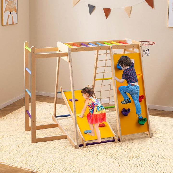 COSTWAY Klettergerüst Indoor, 6 in 1 Kletterleiter & Kletterstrick & Kletterfelsen & Rutsche & Affen