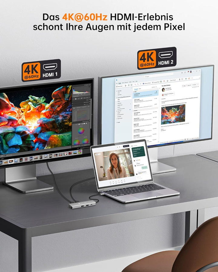 NOVOO USB C Docking Station 4 Monitore 8-in-1 USB C Hub mit 4K@120Hz DisplayPort,2HDMI 4K@60Hz,VGA,2