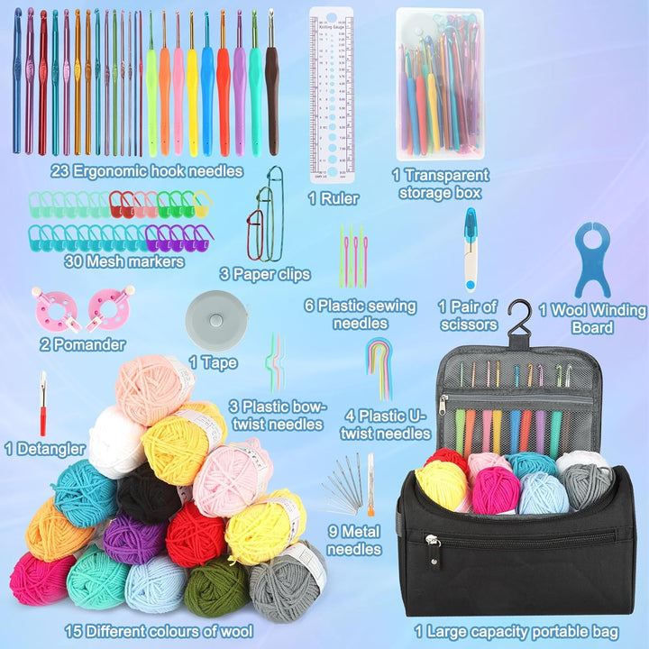 TOSUTO 93 Stück Häkelset für Anfänger,Tragbar Häkelnadel Set mit 15Wolle,Häkelwolle Set,Stricken für