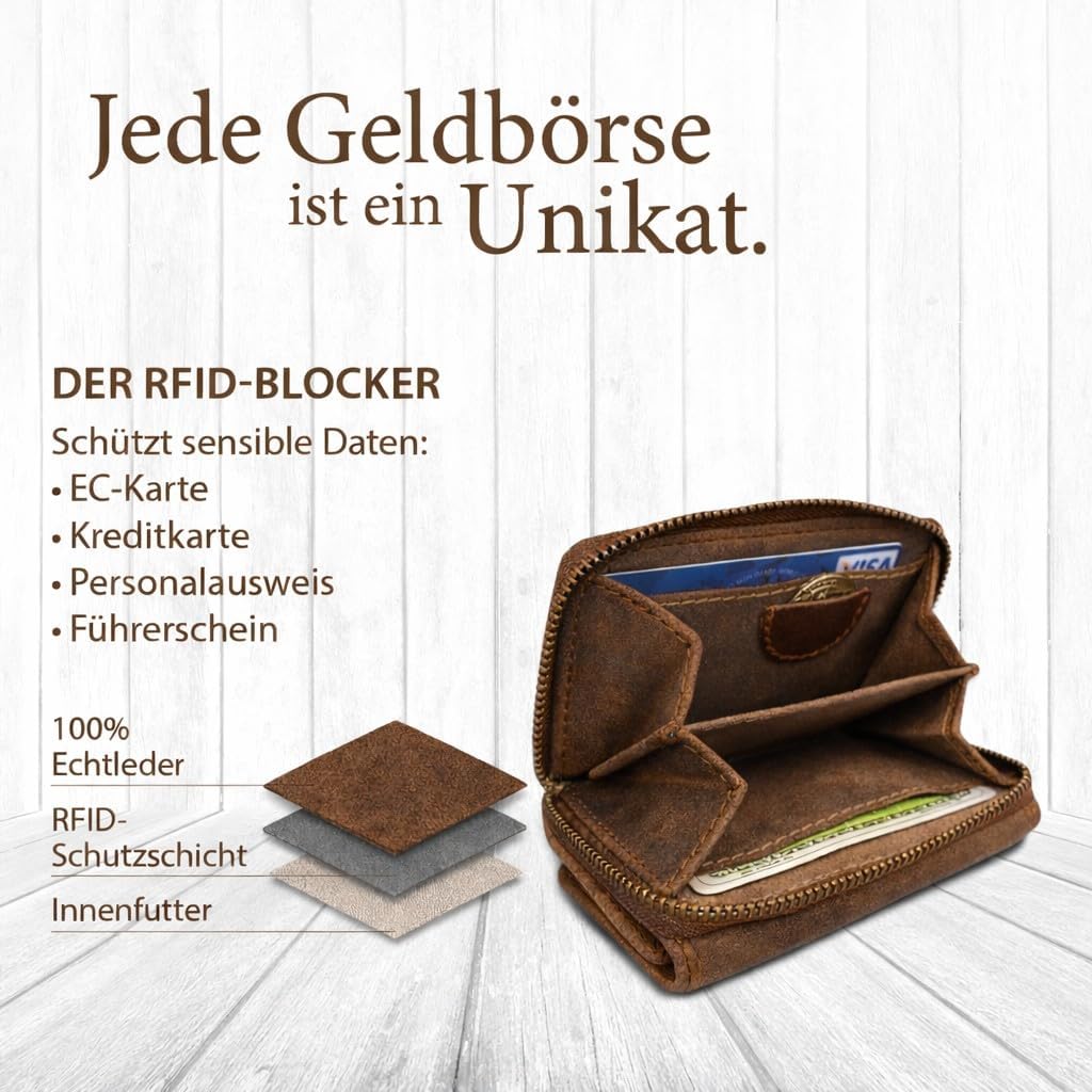 Corno d´Oro Handmade Kleines Portemonnaie Damen Leder I Mini Geldbörse Damen mit RFID Blocker und Mü