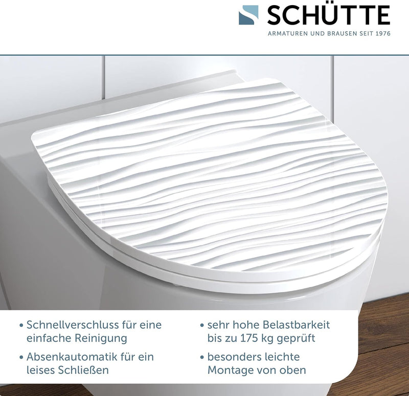 SCHÜTTE WC-Sitz Duroplast HG WHITE WAVE, Hochglänzender Toilettensitz mit Absenkautomatik, Schnellve