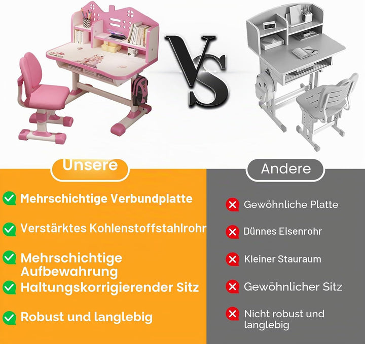 Höhenverstellbarer Kinder-Schreibtisch und Stuhl-Set, Stabiler Schreibtischstuhl Kinder ab 6 Jahren