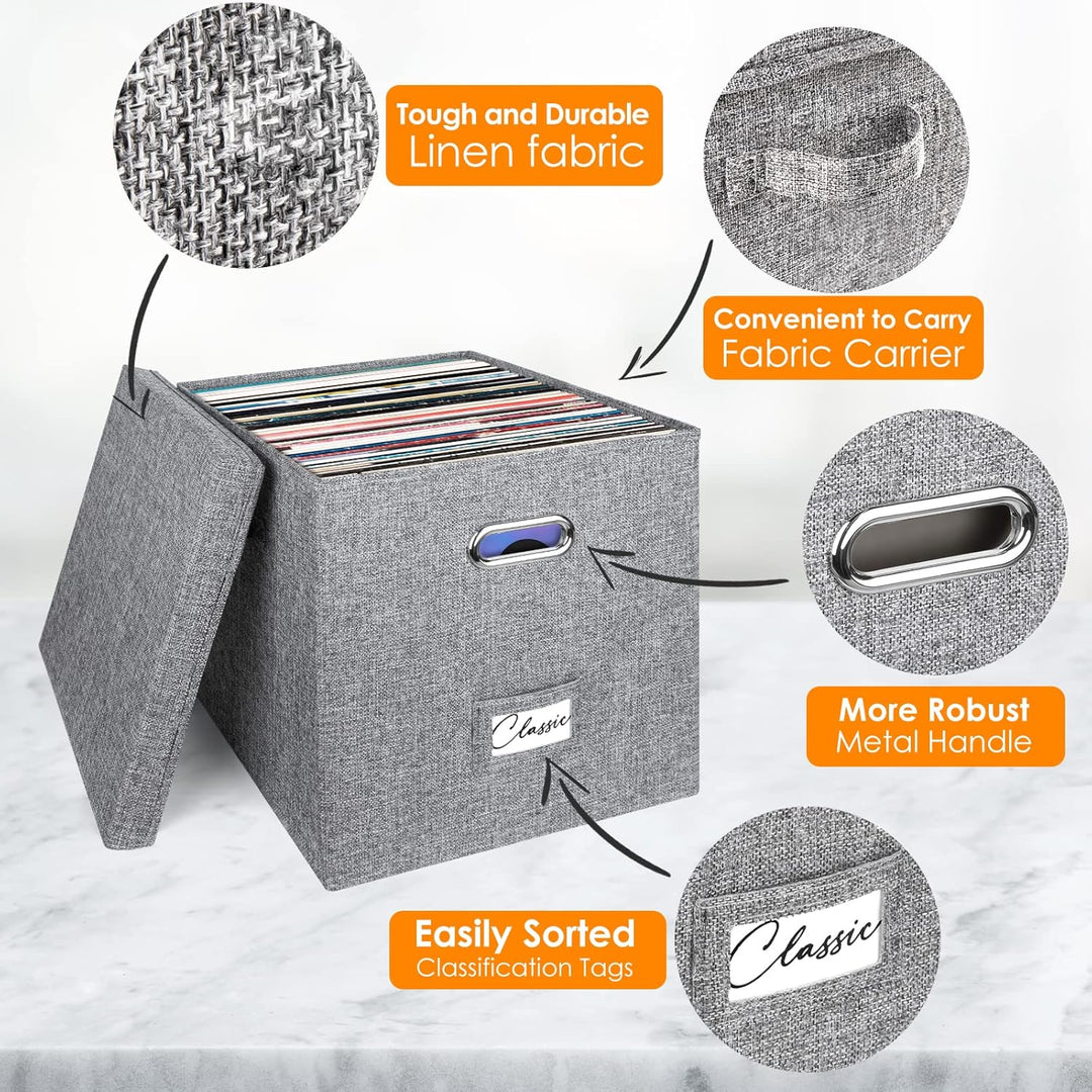 Vinyl-Schallplatten-Aufbewahrungsbox für 50+ einzelne LPs (30,5 cm), stapelbare Alben, Leinenkiste m