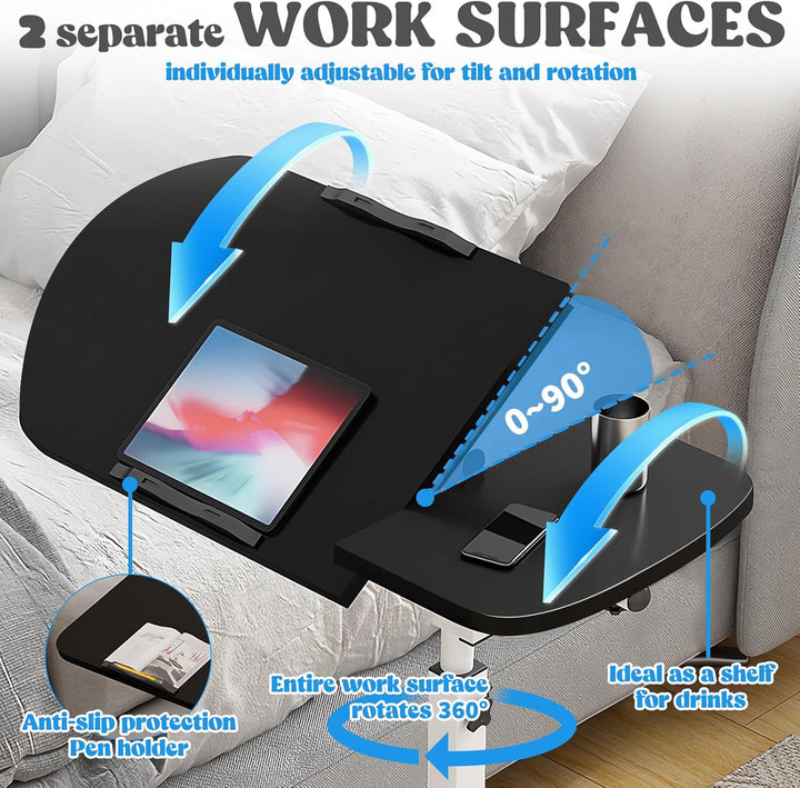 Verstellbarer Laptop-Tisch mit neigbarer, geteilter Schreibfläche, Rollen und abnehmbarem Aufbewahru