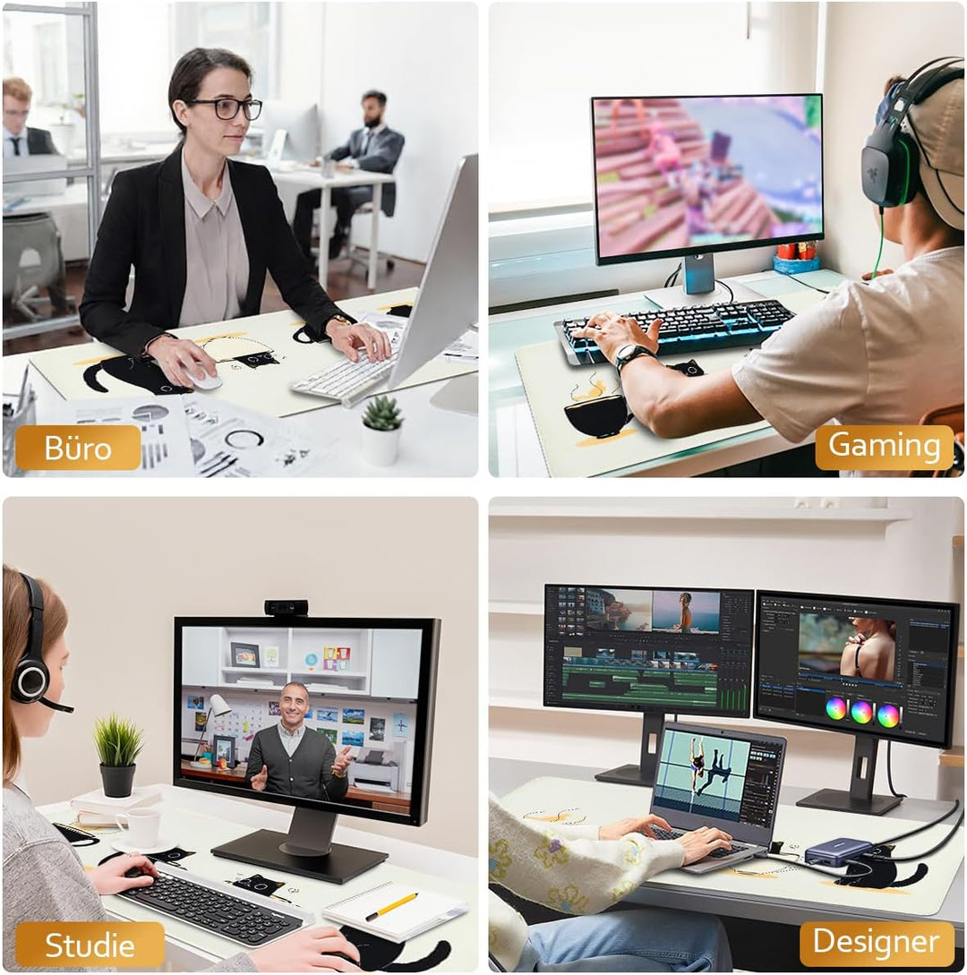 Zindoo Gaming Mauspad XXL 900 x 400 mm– Niedliches Mousepad mit Katzen & Teetassen – rutschfeste Sch
