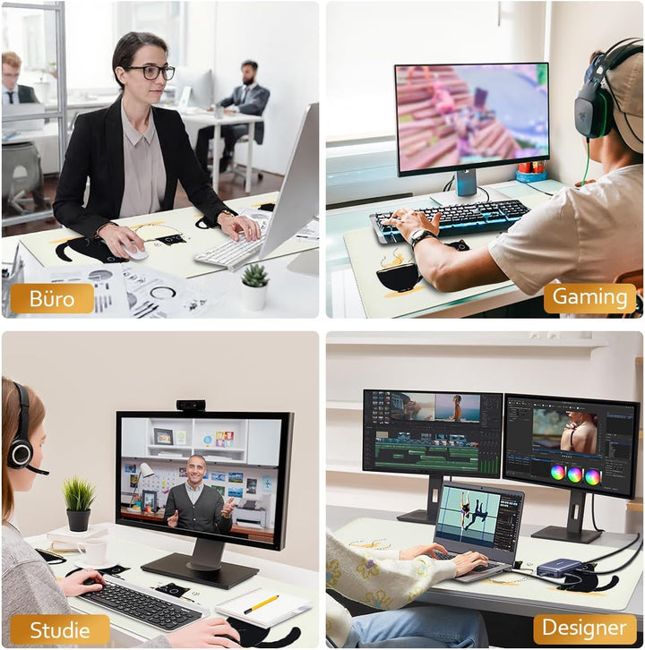 Zindoo Gaming Mauspad XXL 900 x 400 mm– Niedliches Mousepad mit Katzen & Teetassen – rutschfeste Sch