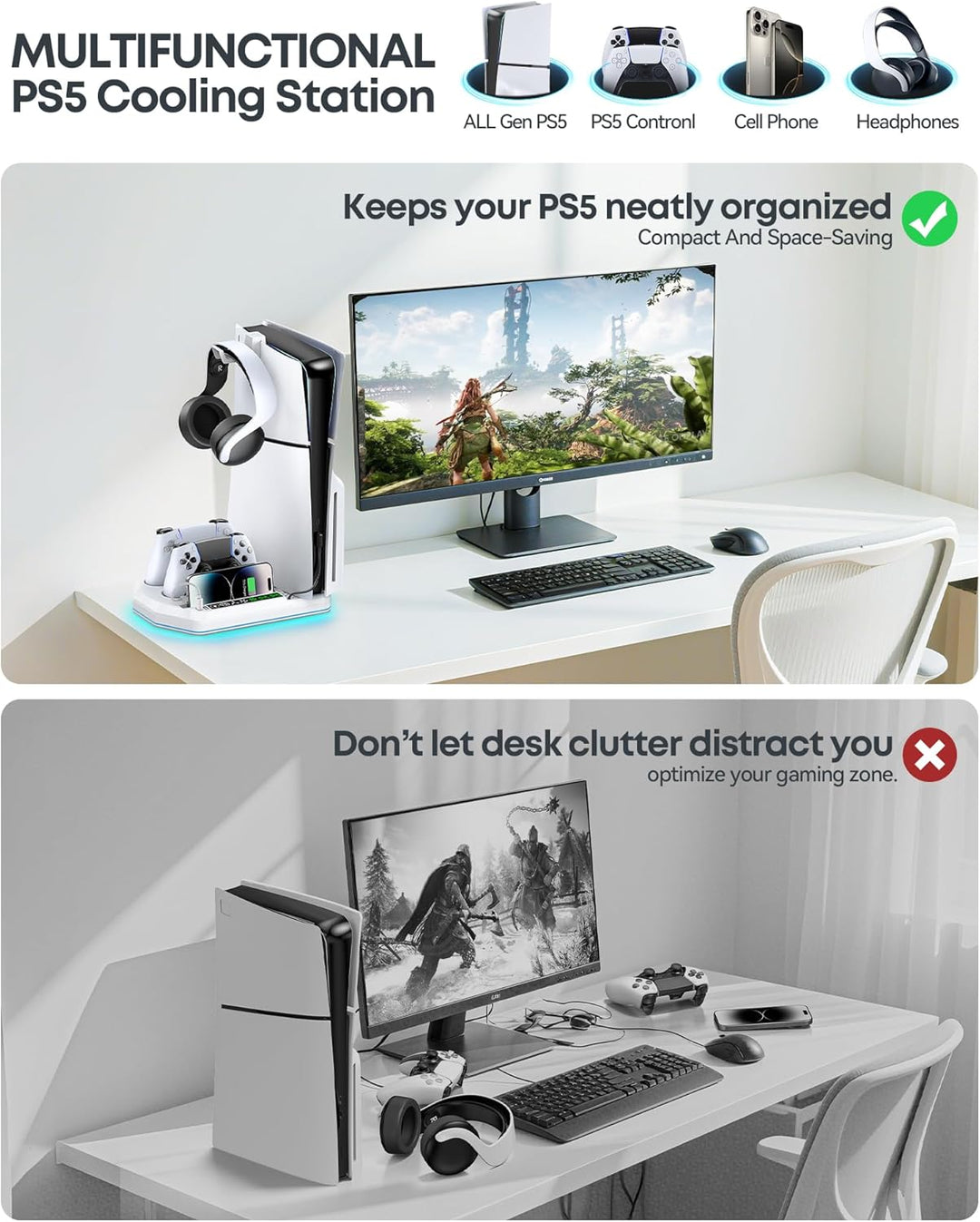 PS5 Standfuss mit 3 Stufen Lüfter und PS5 Controller Ladestation für PS5/PS5 Slim Konsole, PS5 Ständ