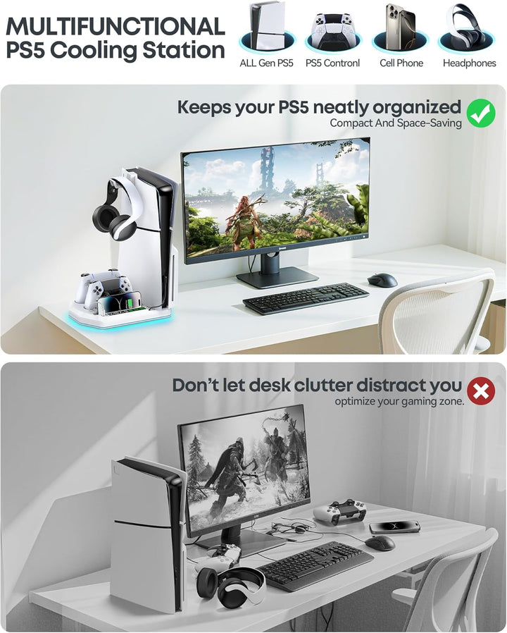 PS5 Standfuss mit 3 Stufen Lüfter und PS5 Controller Ladestation für PS5/PS5 Slim Konsole, PS5 Ständ