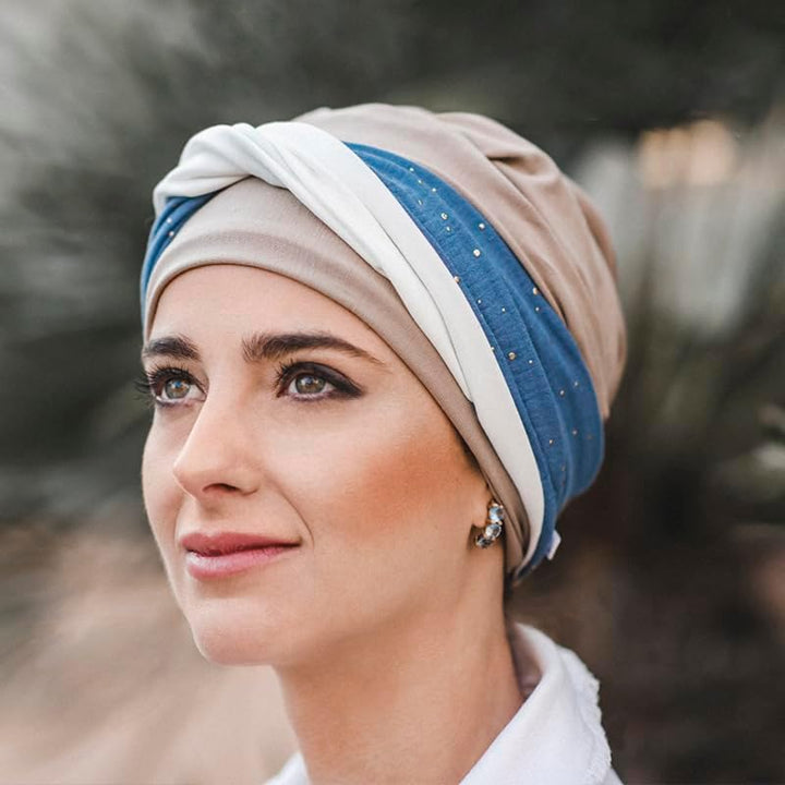 CAREBELL Elegance Denim Palms Turban-Mütze aus Bambus für Chemotherapie oder Alopezie