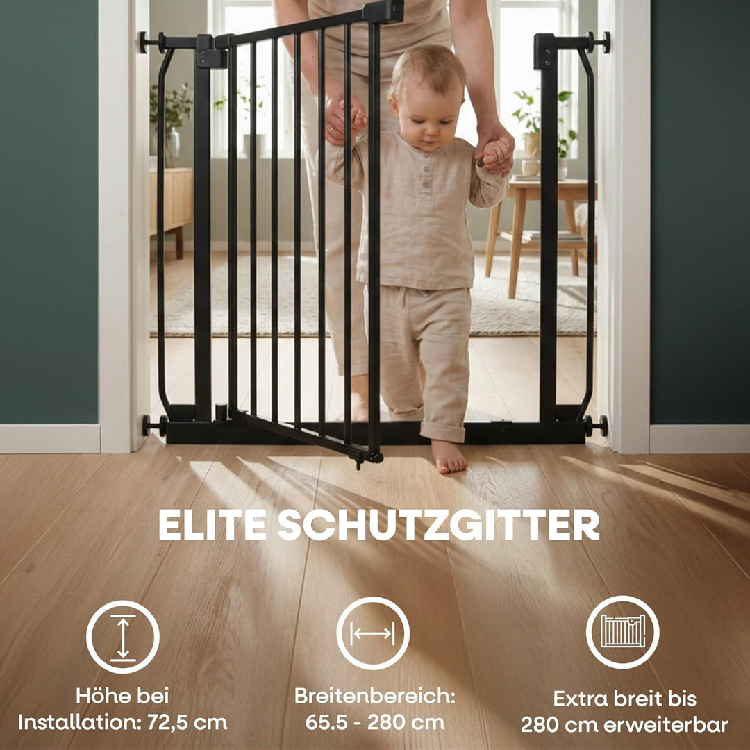 Safetots Elite Pressure Treppenschutzgitter Schwarz – Ohne Bohren – Auto-Close & Stay-Open ab 90° –