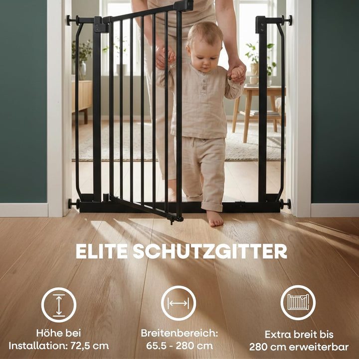 Safetots Elite Pressure Treppenschutzgitter Schwarz – Ohne Bohren – Auto-Close & Stay-Open ab 90° –