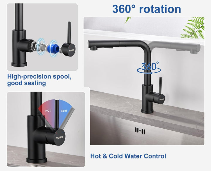 Niederdruck Armatur Küche Ausziehbar, WOOHSE Wasserhahn Küche Schwarz mit Brause 2 Strahl, 360° Dreh