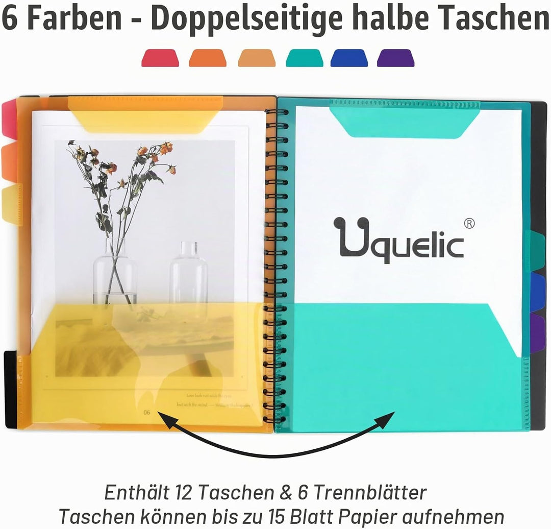 Uquelic 2 Stück Klemmbrett-Ordner aus Kunststoff, A4, Spiral-Folio-Ordner mit 6 doppelseitigen Halbt