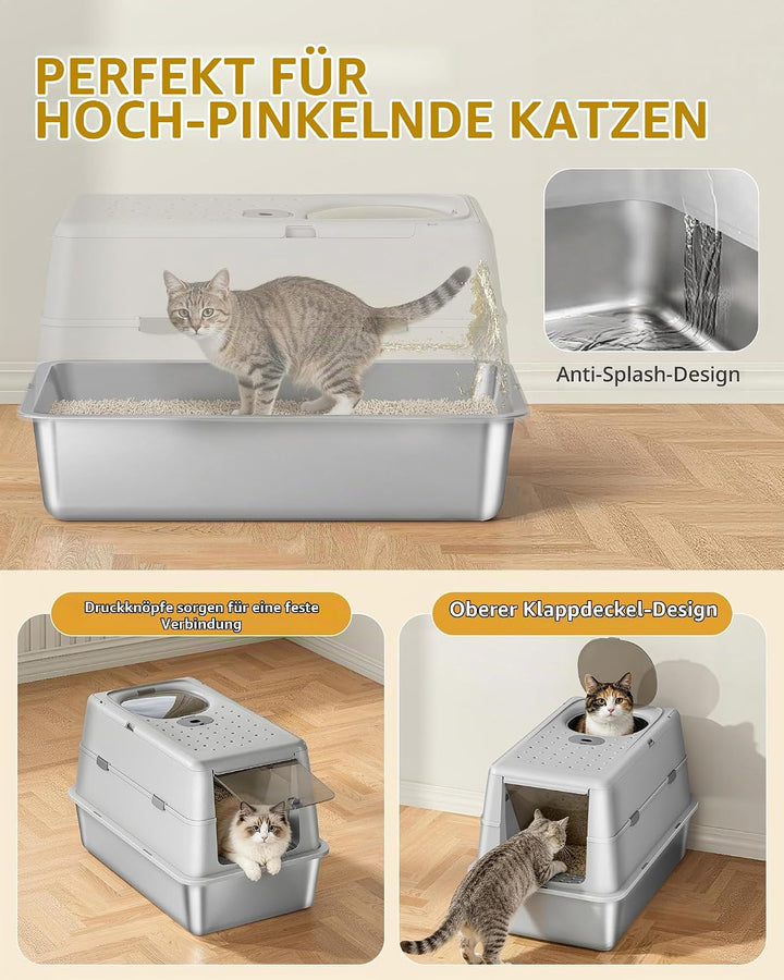 Hzuaneri Edelstahl Katzenklo XXL mit Deckel, Doppeltür, 60 × 40 × 42 cm, Geschlossenes Katzentoilett