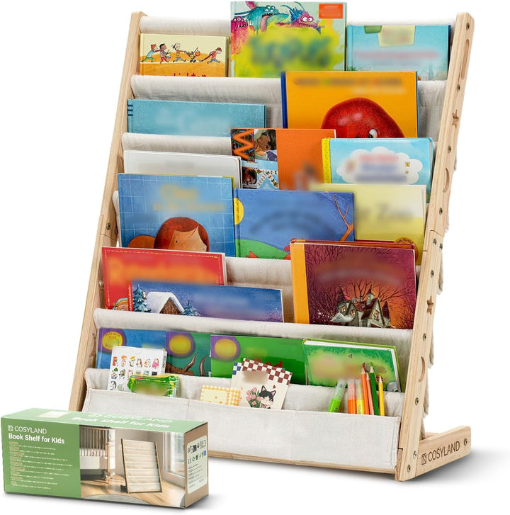 COSYLAND Bücherregal Kinder mit 6 Oxford-Stoff Fächern - Kinderbücherregal aus Naturholz - Bücherreg