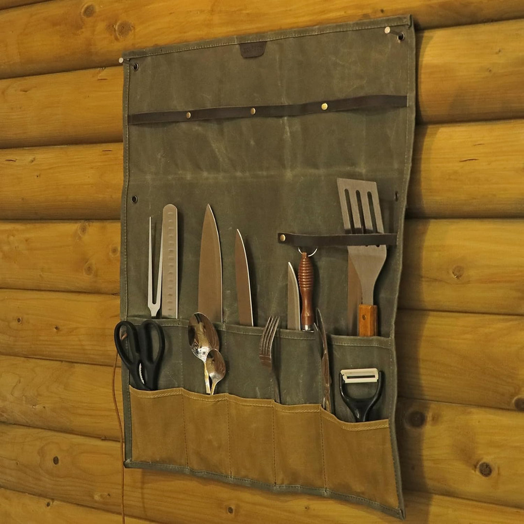 TOURBON Kochmesser-Tasche, gewachstes Segeltuch, tragbar, 10 Taschen, Messer-Aufbewahrung, Werkzeug-