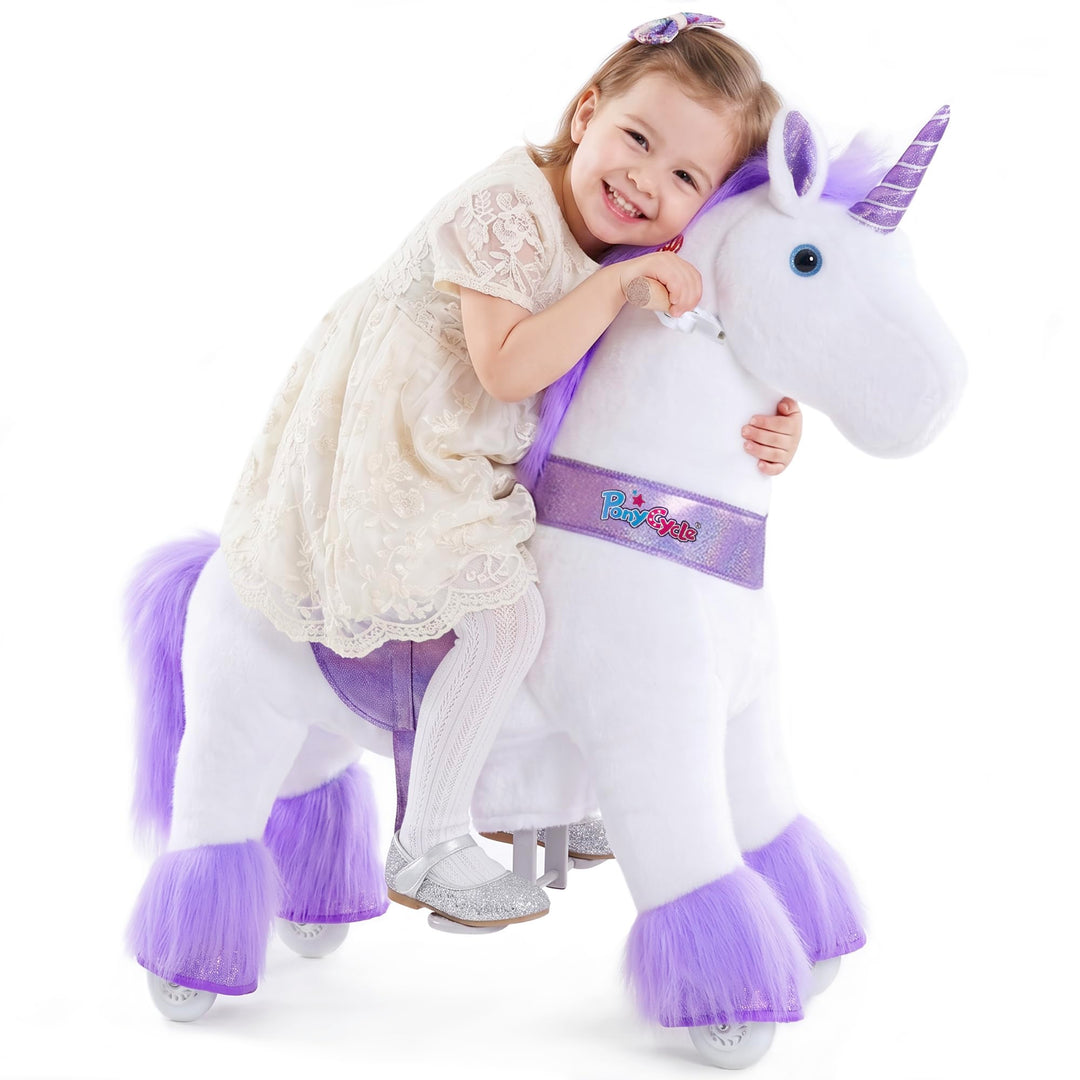 PonyCycle Einhorn zum Reiten für Kinder 3–4 Jahre, 76cm Hoch, Plüsch Einhorn auf Rollen mit Handbrem