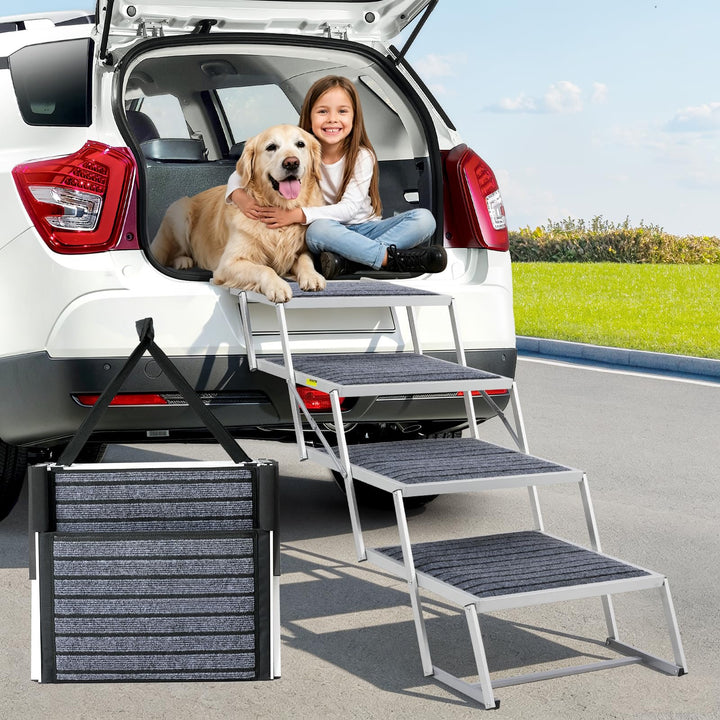 Hundetreppe Auto mit Teppich, Extra Breit 4 Stufen Hunderampe Auto Klappbar,Leichte Hunderampe Auto
