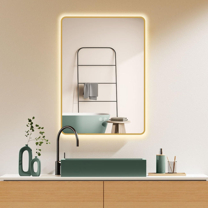 HOKO Anti-Fog LED Badspiegel 100x70 cm / 70x100 cm Ohio mit Goldener Metallrahmen, HOCH+QUER Montage