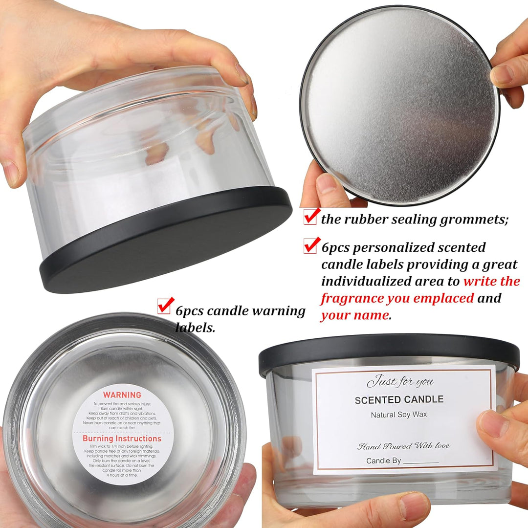 MILIVIXAY 6 x 680 ml Kerzengläser Mit Metalldeckel und Herstellungs-Kits - 3 Docht-Gläser, Leere Tra