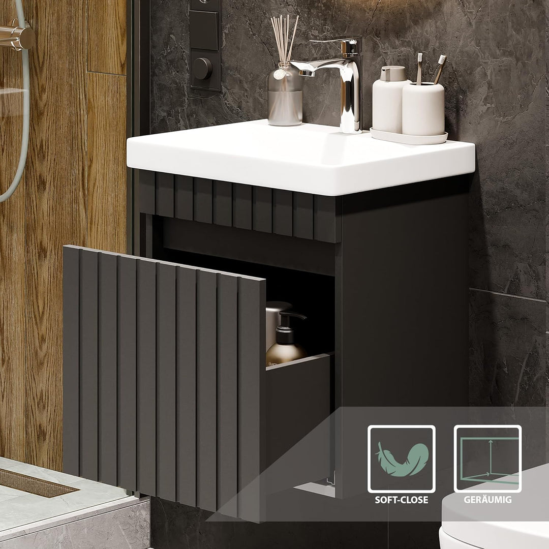 Planetmöbel Cosmia Badmöbel Set Waschbecken mit Unterschrank 50 x 60 x 35 cm Anthrazit, Armatur Bade
