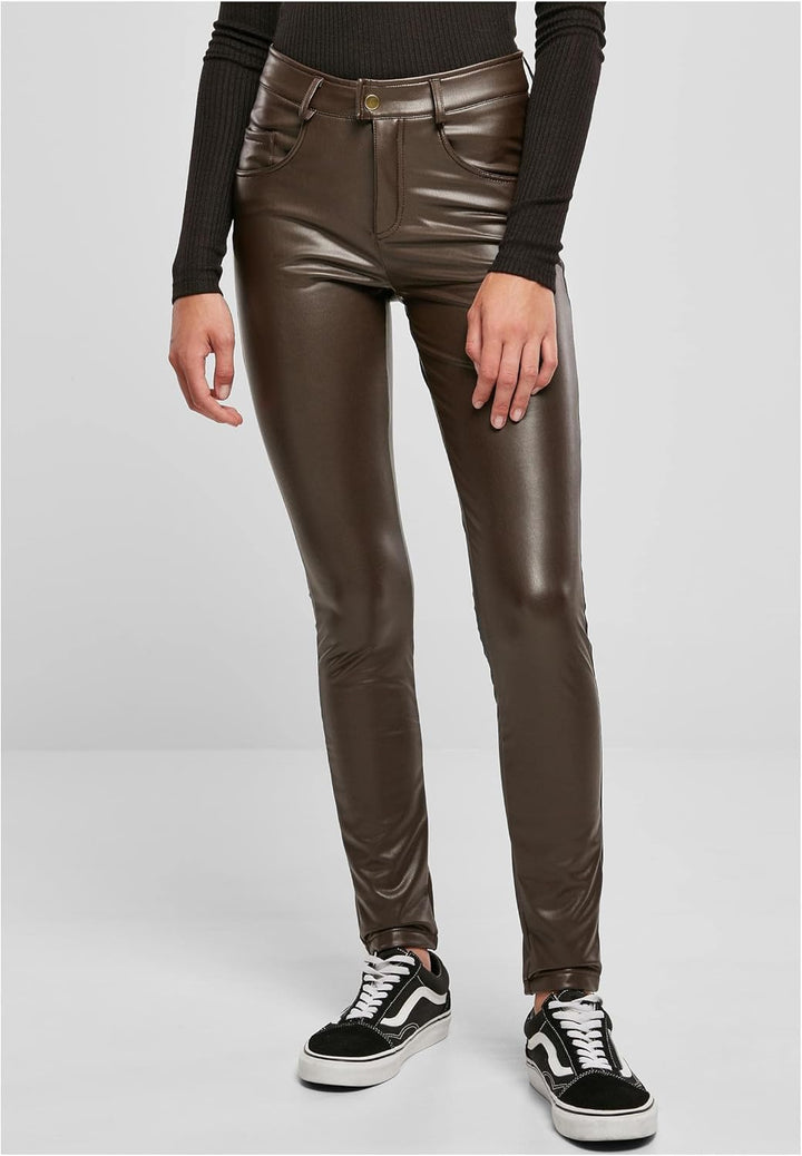 Urban Classics Damen Ladies Mid Waist Synthetic Leather Pants 27 Brown, 27 Brown