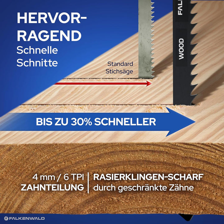 FALKENWALD® Stichsägeblätter Holz 10x T344D – High Speed Wood - Extra lang (152mm) für tiefe Schnitt