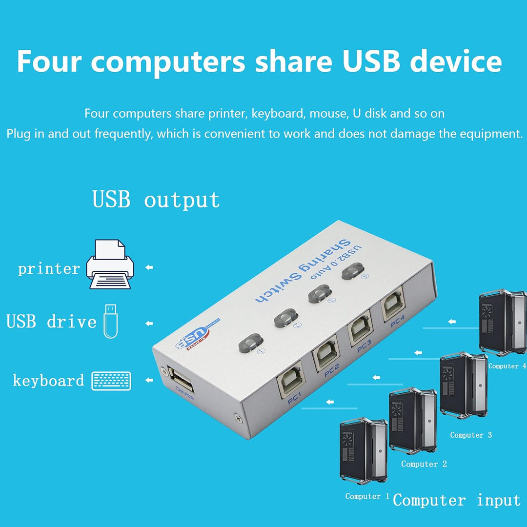 SinLoon Drucker-Splitter, USB-Drucker Sharing Switch, 4 Ports, 4 PC Share 1 USB-Gerät, High-Speed Sh