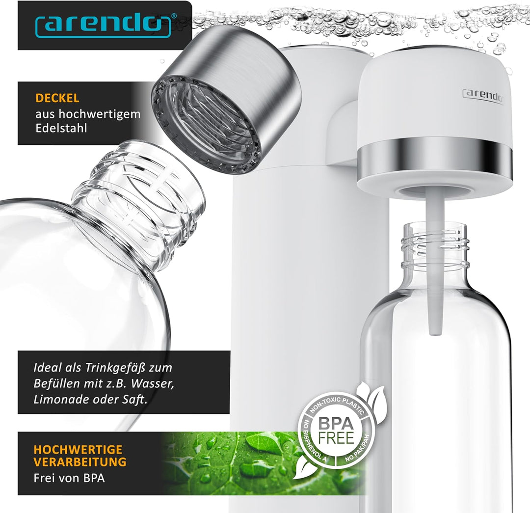 Arendo - Wassersprudler 1000 ml Wasserflasche BPA frei – Edelstahl und PET – mit Skalierung - Ersatz