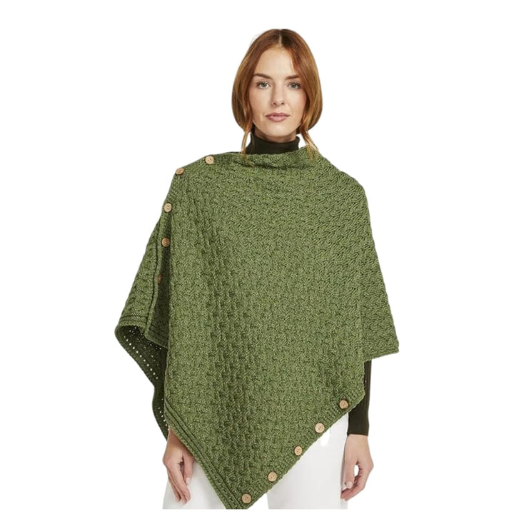 Irischer Aran Poncho Strickponcho Umhang Wollponcho aus 100% Merinowolle für Damen Einheitsgrösse Wi