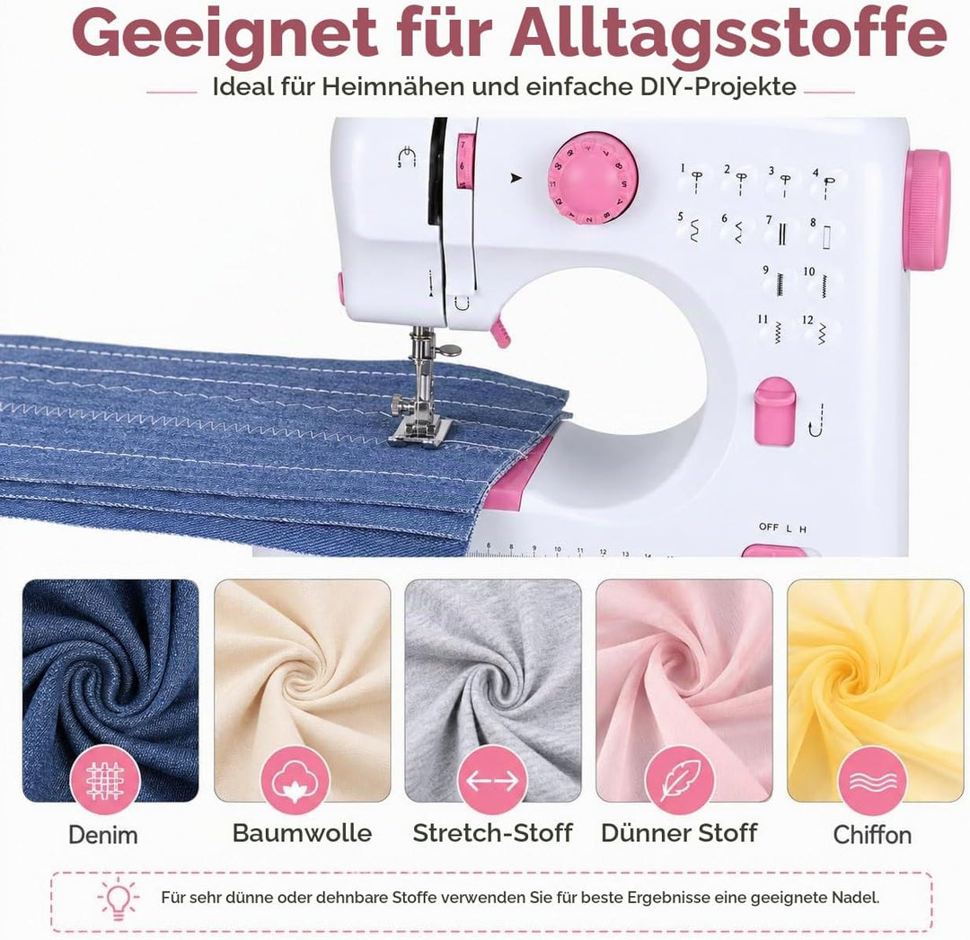 Elektrische Nähmaschine, Nähmaschine für Anfänger mit 12 Nähprogrammen, Haushaltsnähmaschine mit Dop