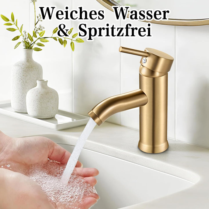 kisimixer Wasserhahn Bad Gebürstetes Gold Waschtischarmatur, Armatur Badezimmer Einhebelmischer Misc