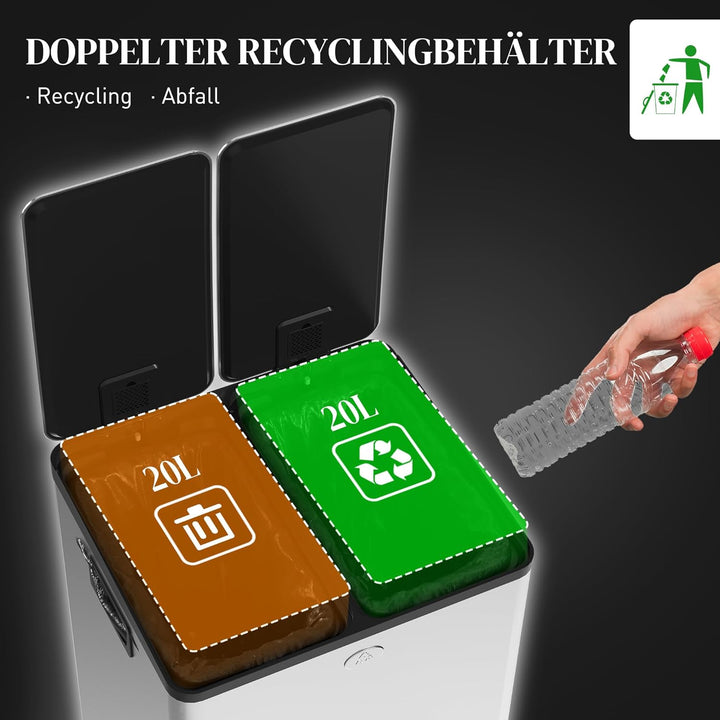 HOMCOM Mülleimer 2 x 20L Abfalleimer aus Edelstahl Mülltrennsystem mit Softclose Deckel, Herausnehmb