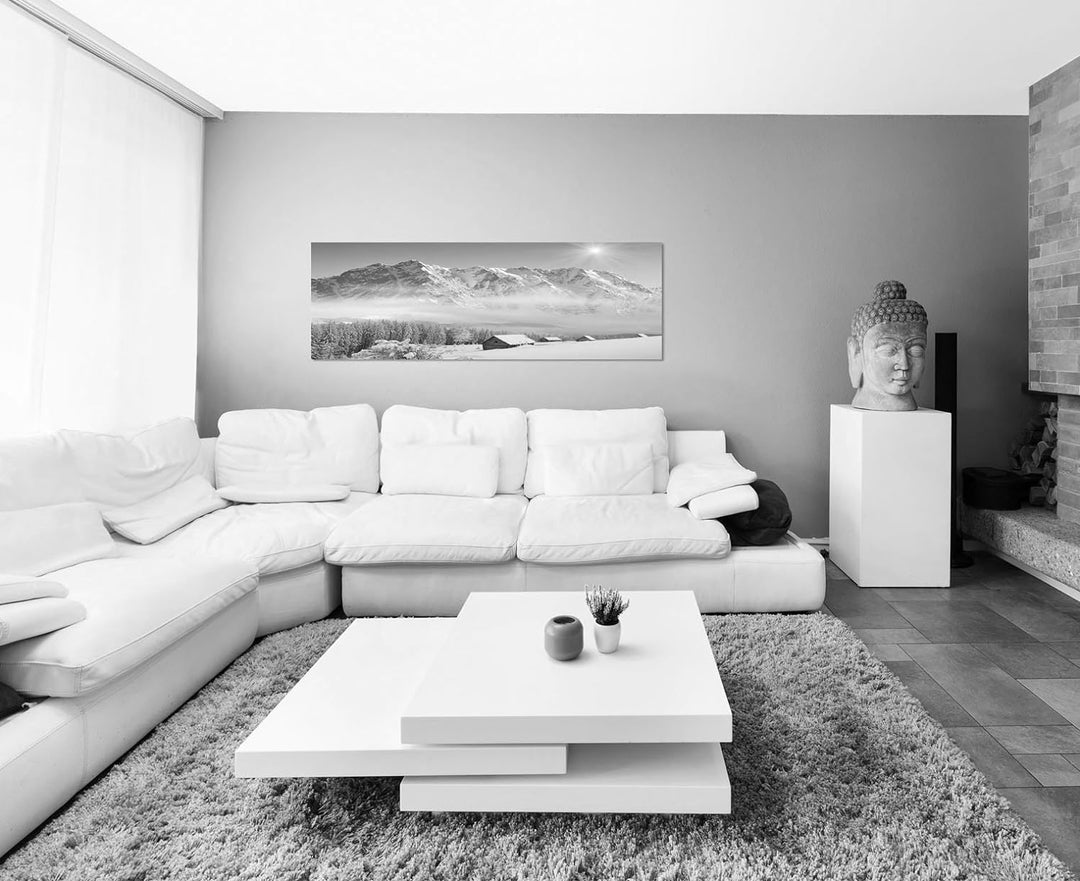 Paul Sinus Art Leinwandfoto als Panorama SCHWARZ/Weiss 150x50cm Winterlandschaft Berge Wald Häuser S