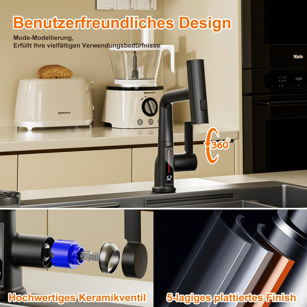Wasserhahn Küche mit Brause Ausziehbar, 3 Modus Küchenarmatur mit LED Temperaturanzeige, Einhebel Mi