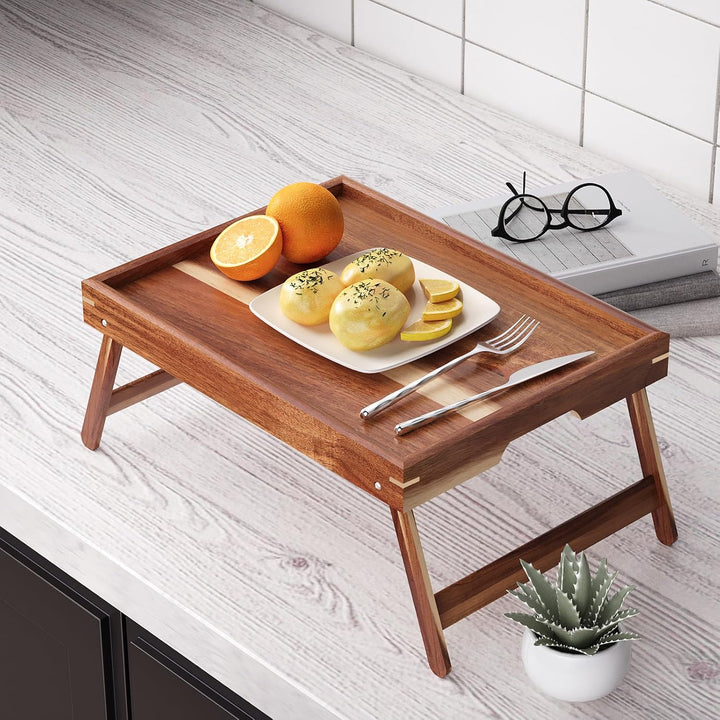 2er Pack Betttablett mit klappbaren Beinen,Akazienholz Frühstückstabletts,Serviertablett Betttisch f