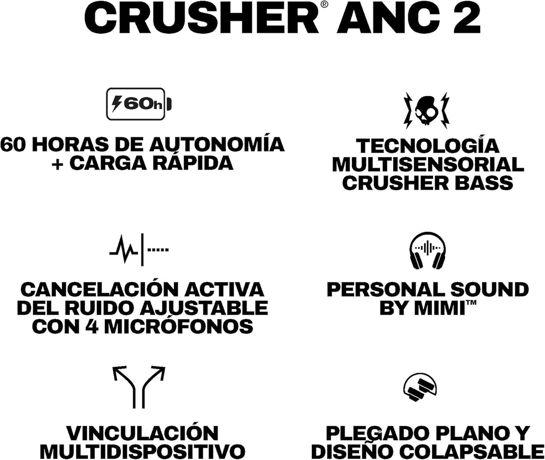 Skullcandy Crusher ANC 2 Over-Ear Noise Cancelling Wireless-Kopfhörer mit Sensory Bass, Extra Chargi