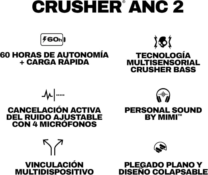 Skullcandy Crusher ANC 2 Over-Ear Noise Cancelling Wireless-Kopfhörer mit Sensory Bass, Extra Chargi