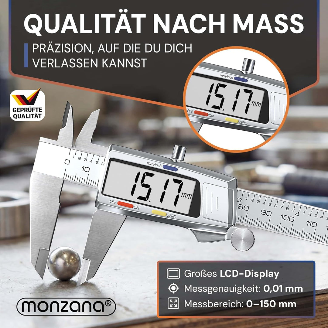 MONZANA® Messschieber Digital Edelstahl 150mm LCD Display Aufbewahrungsbox Ersatzbatterie Schieblehr