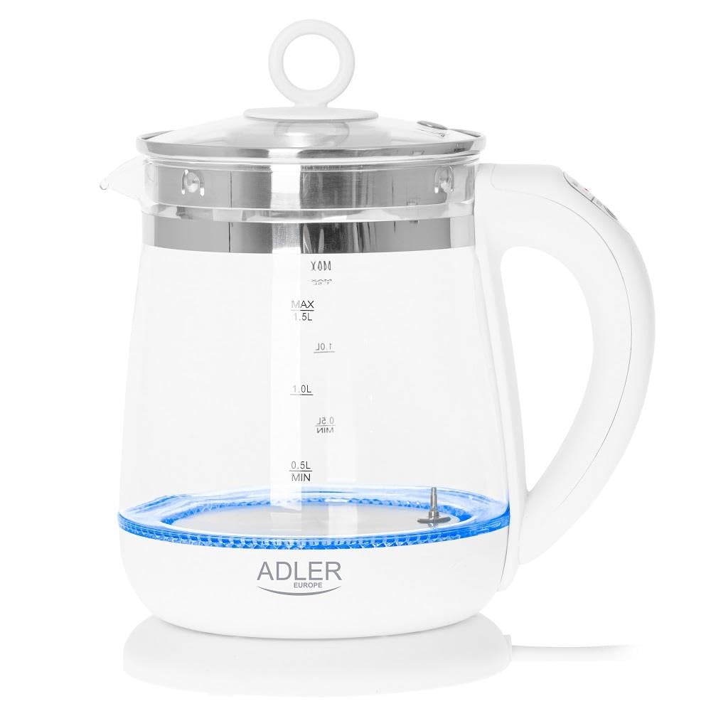 ADLER AD 1299 Elektrischer Wasserkocher aus Glas 1,5 Litern, Beleuchteter Innenraum, Teesieb, Temper