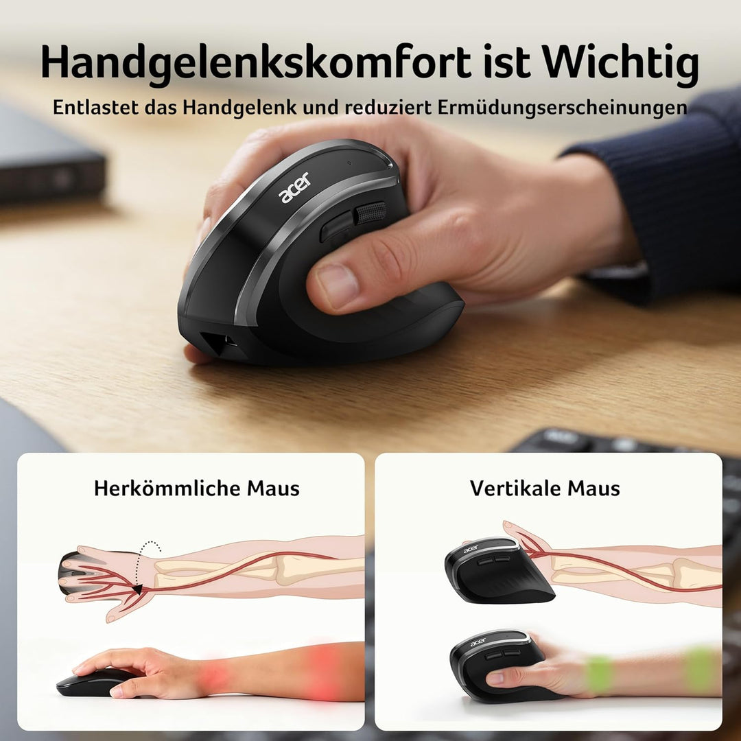 acer 2.4G Ergonomische Maus, Vertikale Optische Maus Kabellos 1600 DPI, Wiederaufladbar Wireless Mou