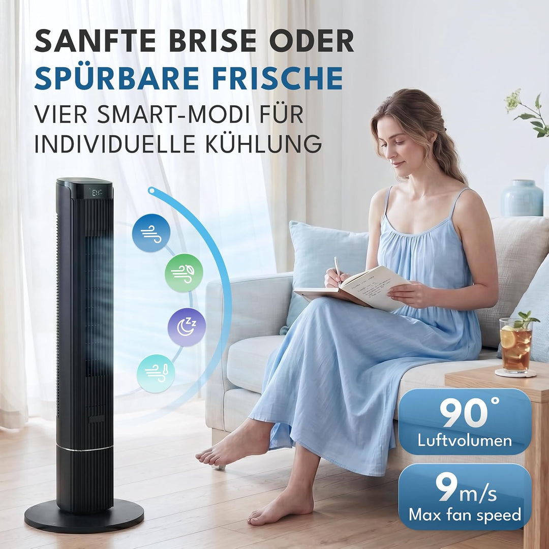 LEBENLANG Turmventilator Sehr Leise 19,8 dB(A) - 4 Modi & 12 Geschwindigkeiten I 90° Oszillation Ven