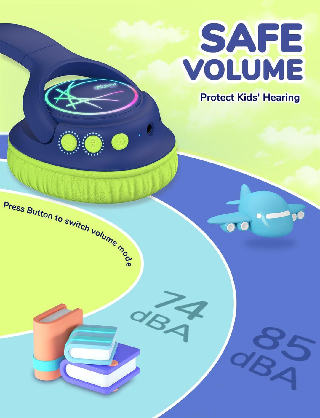 iClever Bluetooth kopfhörer Kinder mit LED-Leuchten, 74/85dBA Lautstärkebegrenzung, 43 Stunden Spiel
