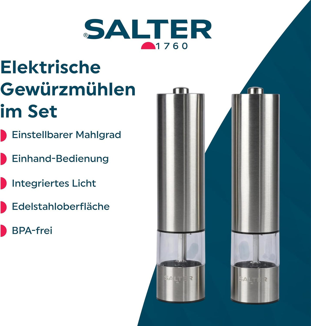Salter 7522 SSTUR15UP Elektrische Salz- und Pfeffermühlen aus Edelstahl, BPA-Frei, einstellbarer Mah