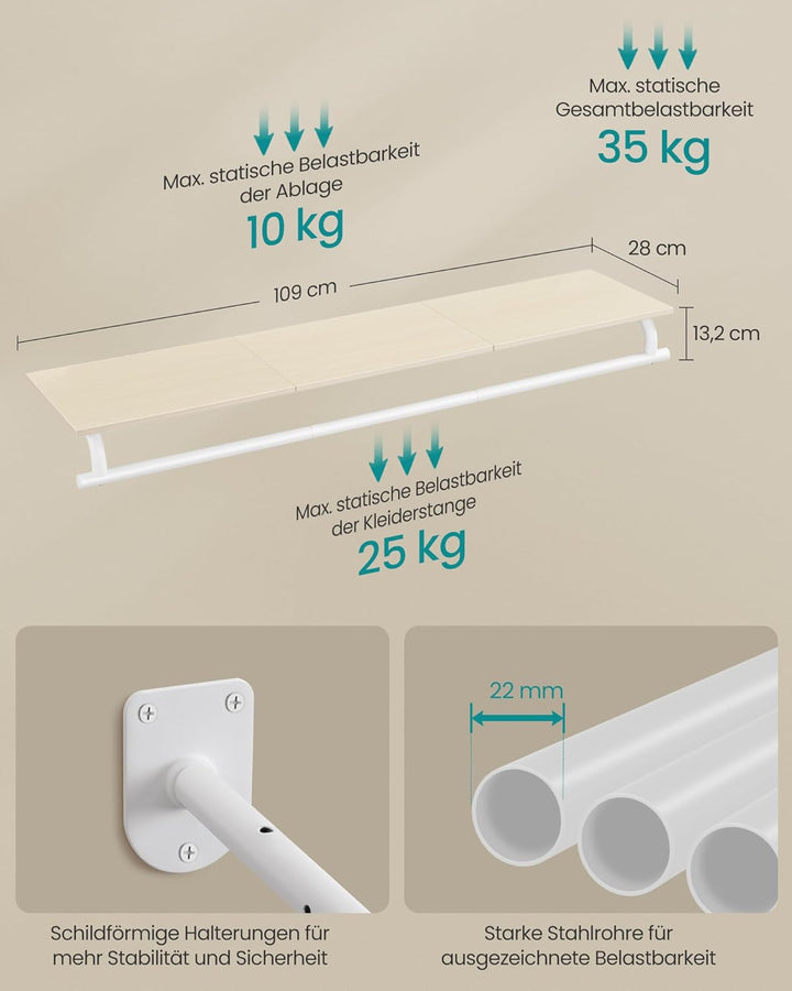 SONGMICS Wandgarderobe, Garderobe, Wandregal mit Kleiderstange, Gesamtbelastbarkeit 35 kg, 28 x 109