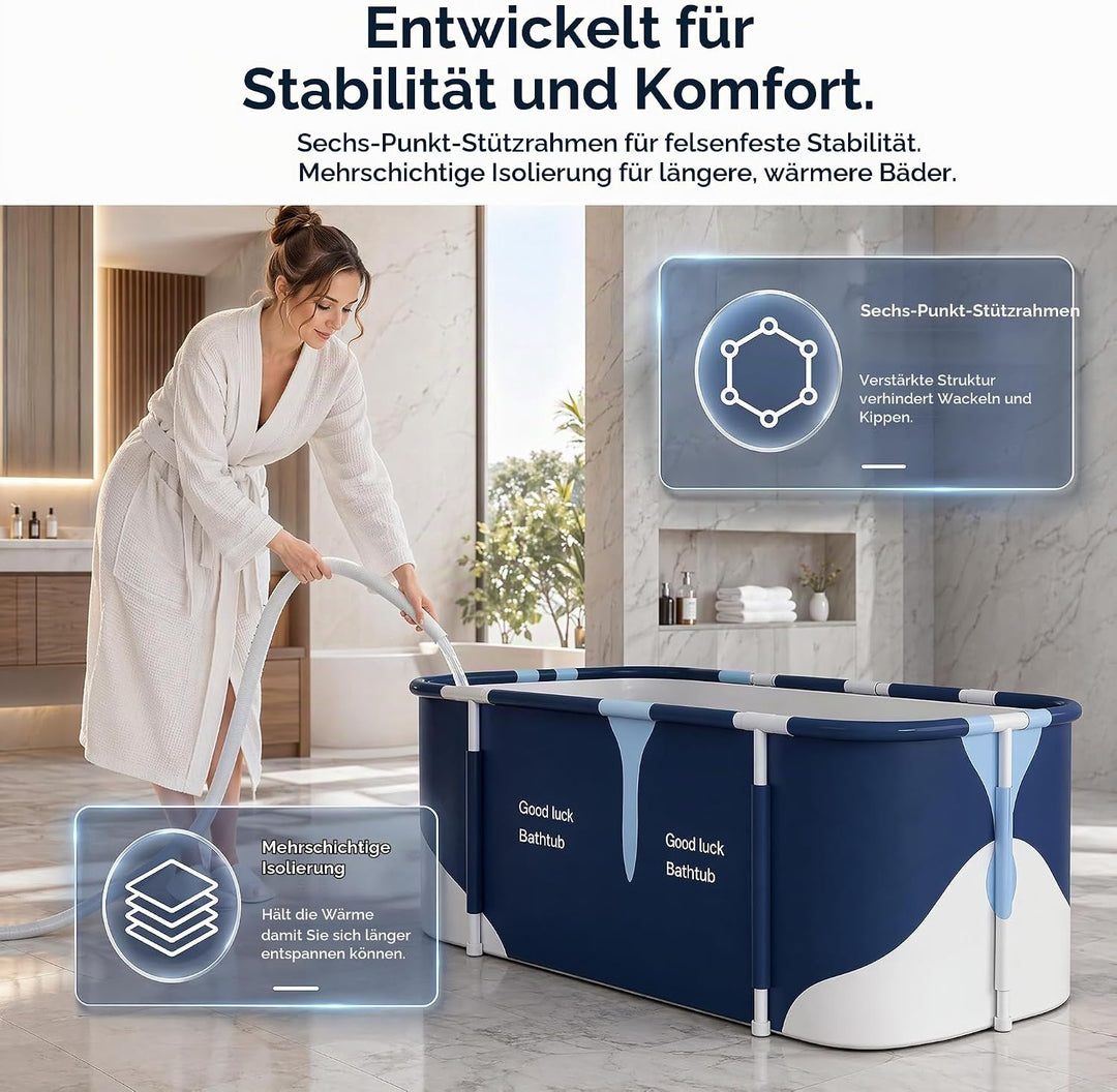 Faltbare Badewanne 140 cm, 6-lagige Isolierung, Ablauf unten/seitlich, inkl. aufblasbare Kissen - fü