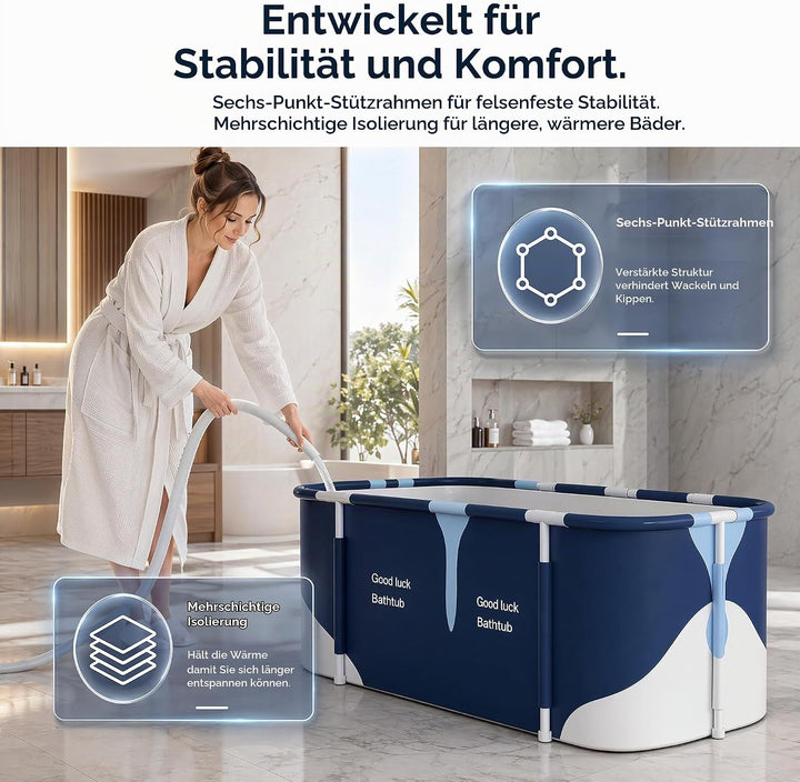 Faltbare Badewanne 140 cm, 6-lagige Isolierung, Ablauf unten/seitlich, inkl. aufblasbare Kissen - fü
