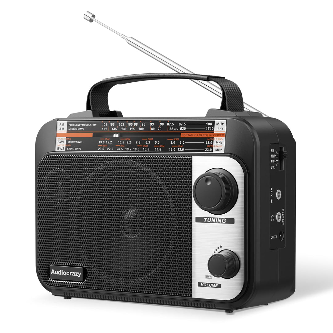 Audiocrazy UKW FM/AM/SW1-2 Radio Tragbares Radio Weltempfänger Radio mit 1800mAh Rechargeable Batter